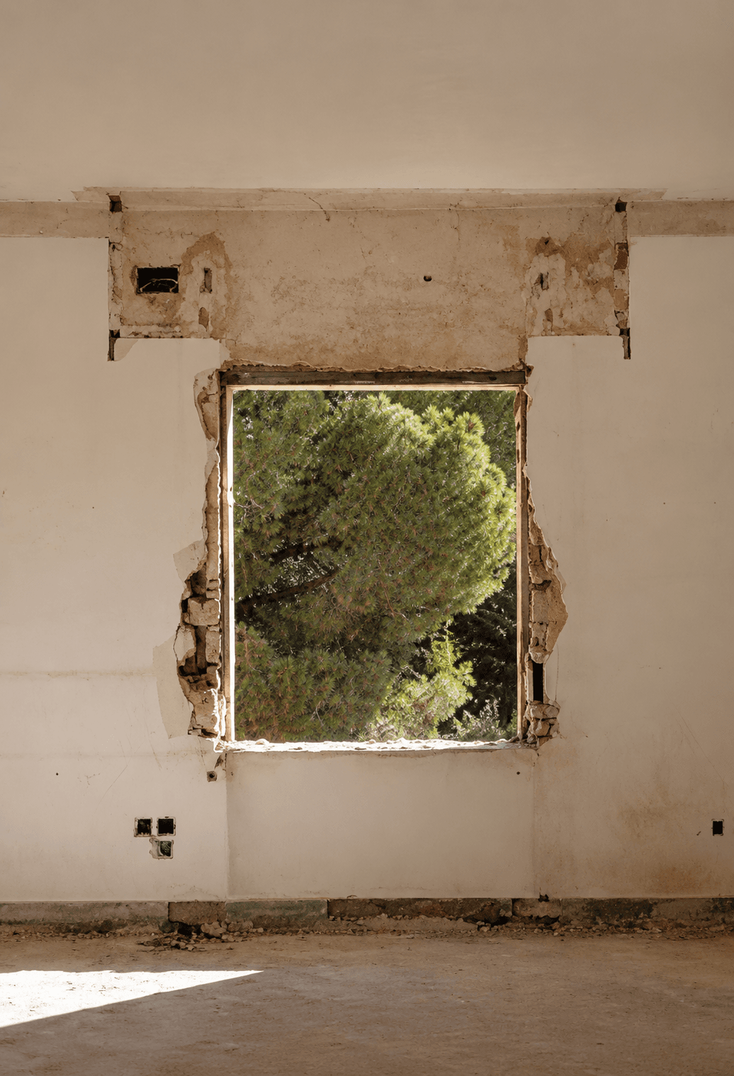 Habitación en ruinas con un ventanal abierto al bosque