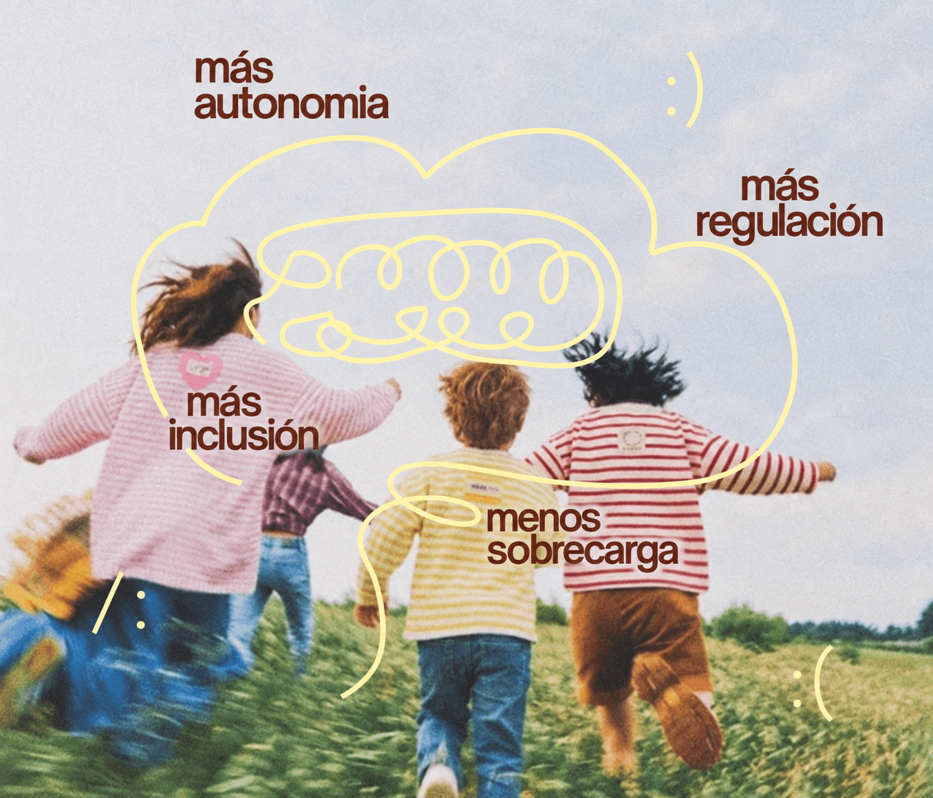 Cuatro criaturas corriendo por un prado, con los cuatro principios del diseño neurodivergente rotulados a mano sobre la imagen